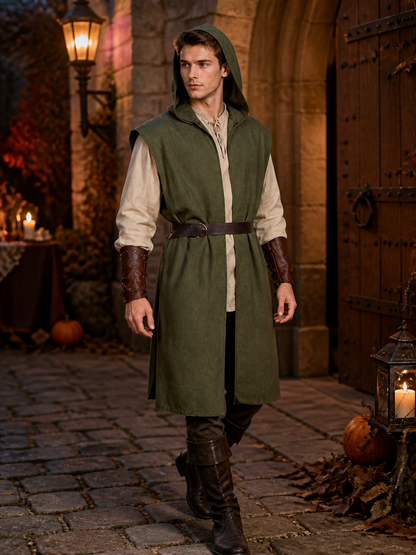 Medieval Fantasy Role Play Costume Set, 2-Piece Olive Green Hooded Sleeveless lifestyle view 3