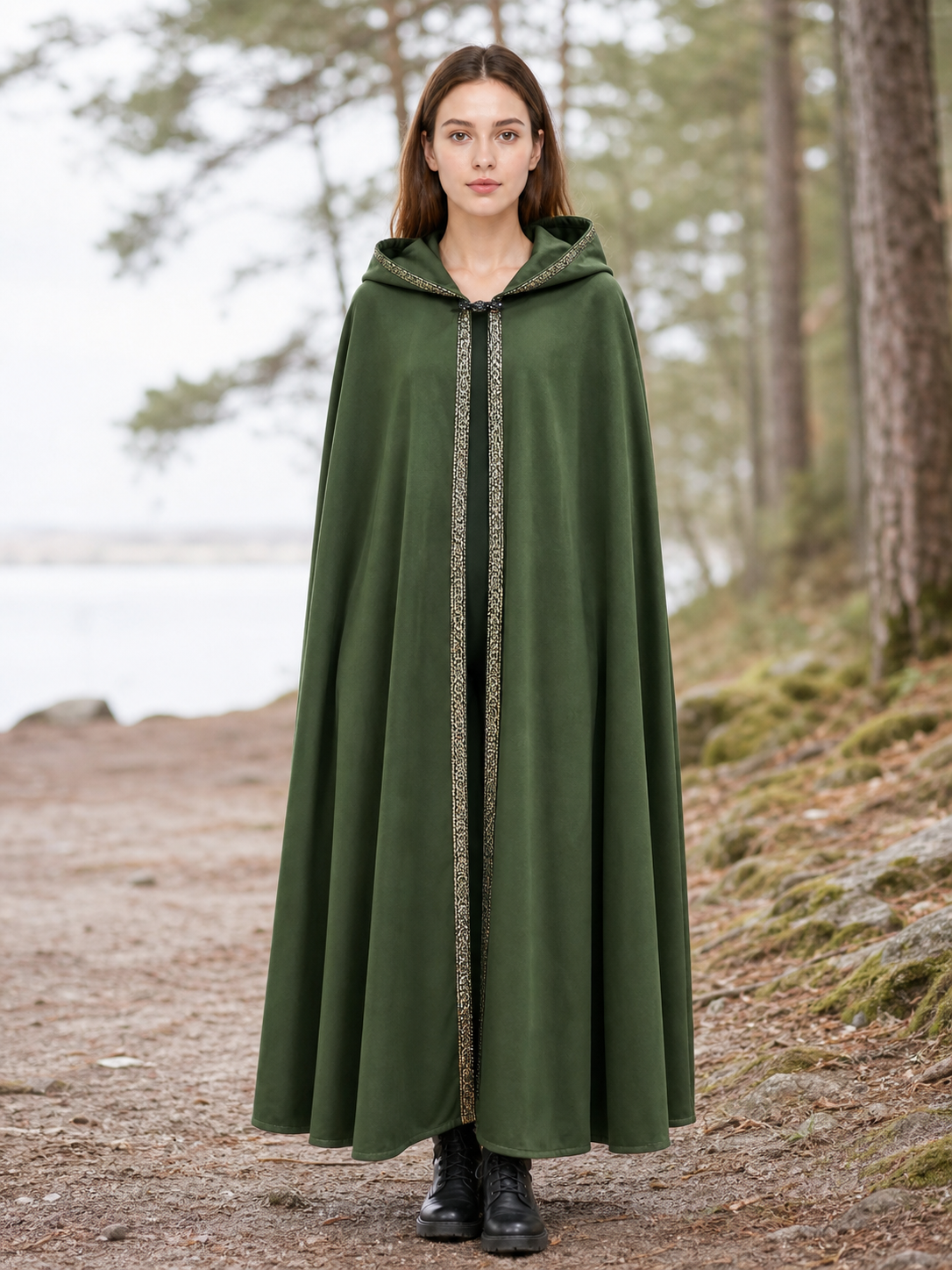 Green Carnival Cloak with Hood and Trim