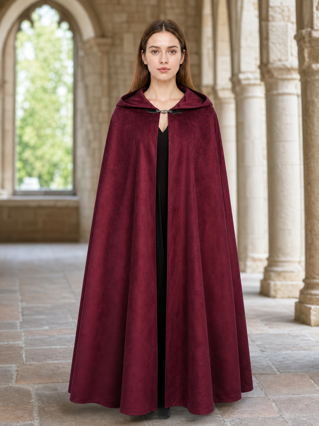 Long burgundy carnival cloak with hood