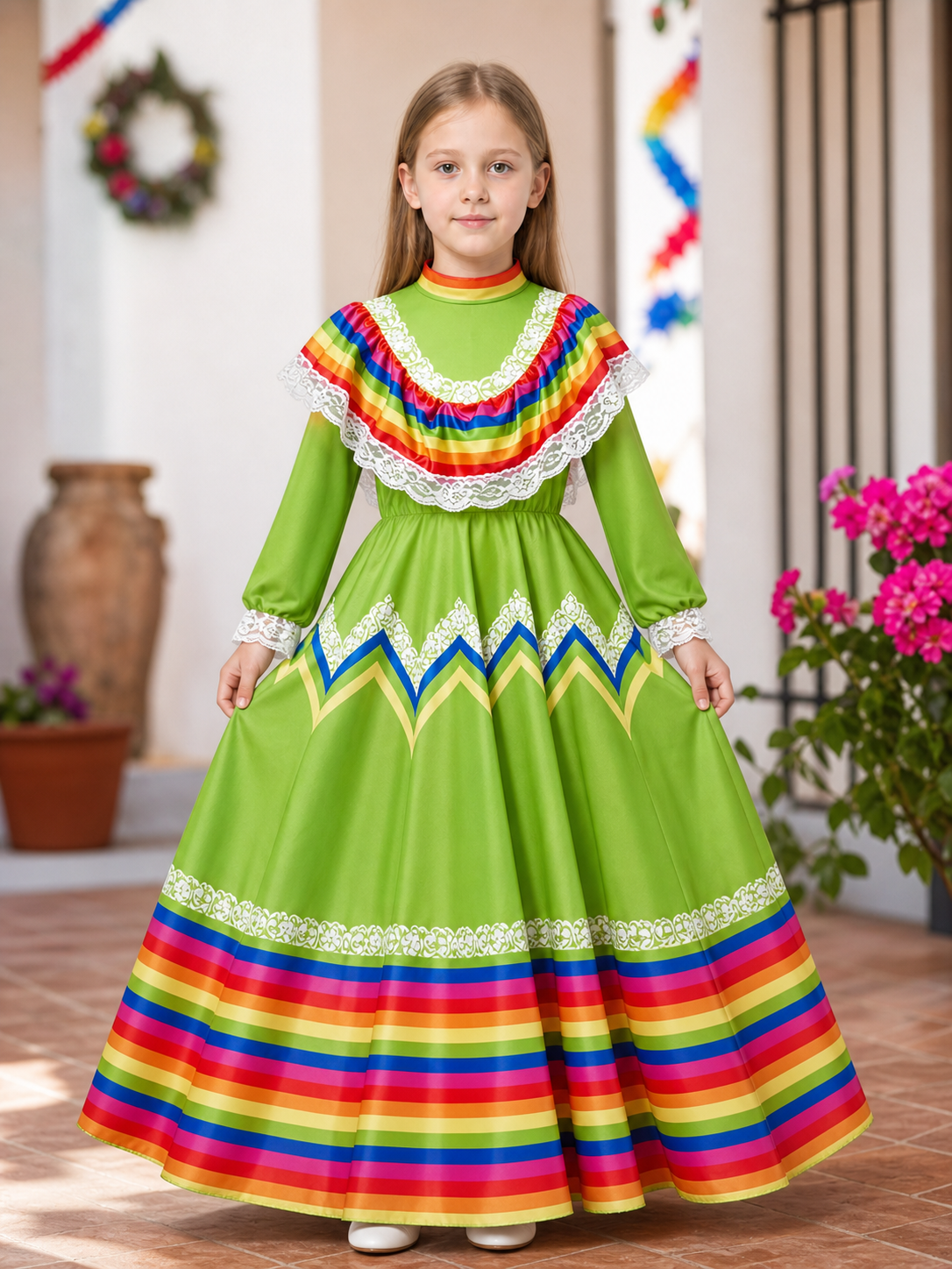 Folk Dress with Lace and a Bright Skirt