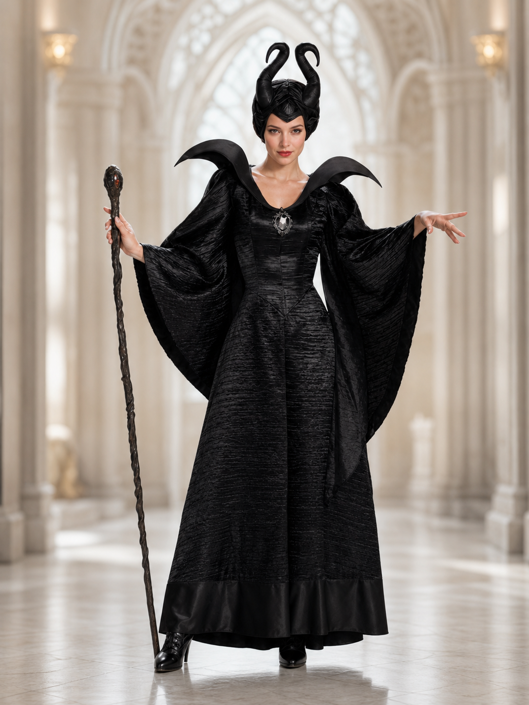 Black demon costume with horned headpiece