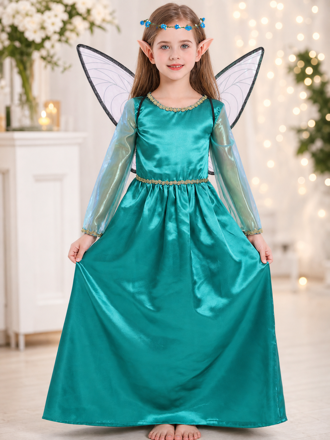 Green fairy-elf costume with wings and headband