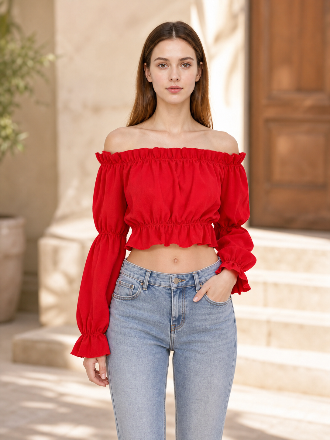 Red off-the-shoulder cropped top