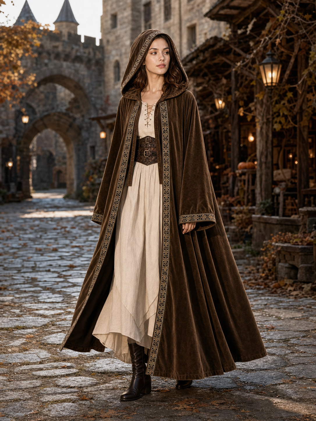 Long Hooded Robe, Brown, Loose Fit lifestyle view 2