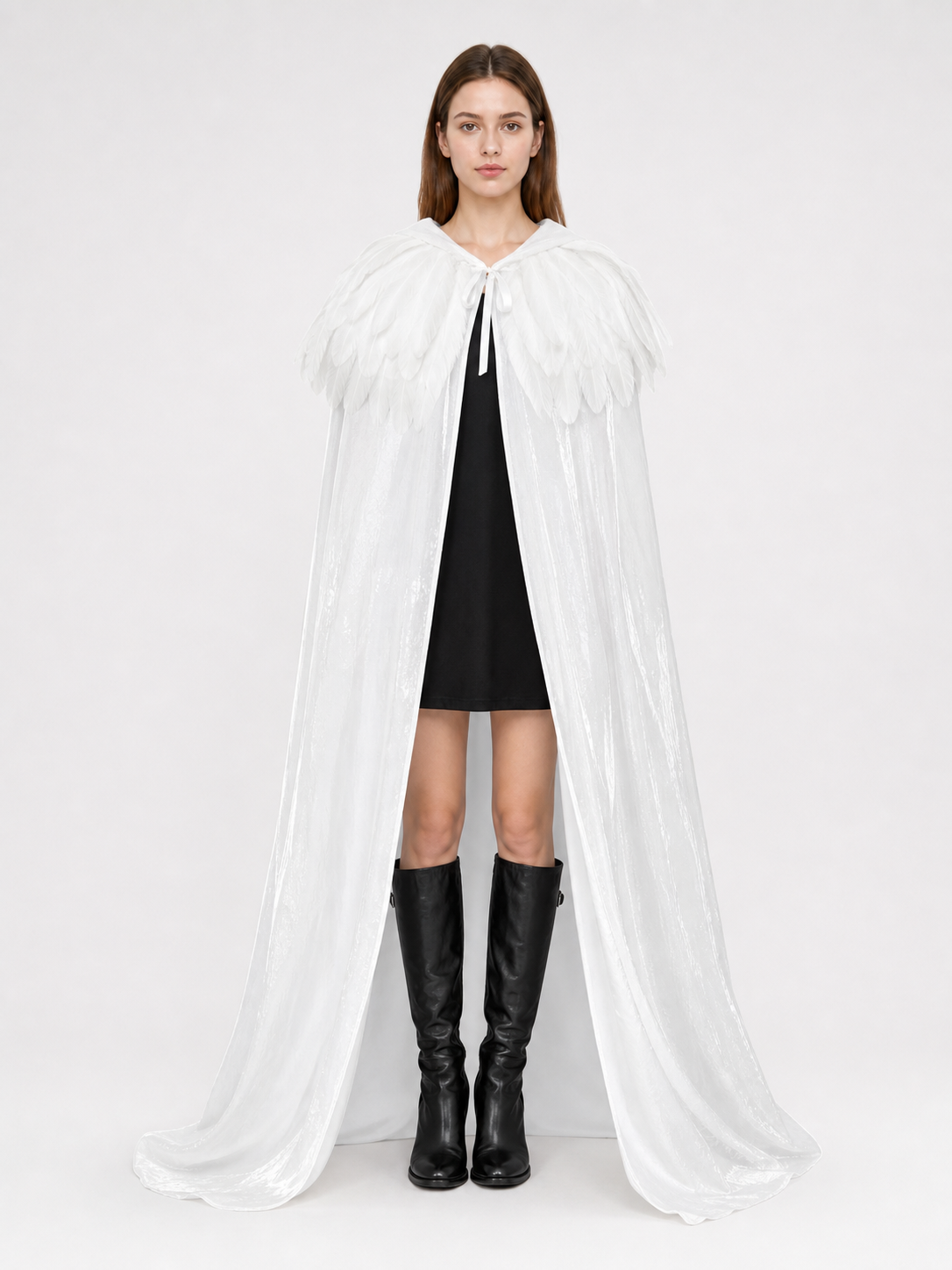 White Velvet Cape with Feather Trim, Maxi