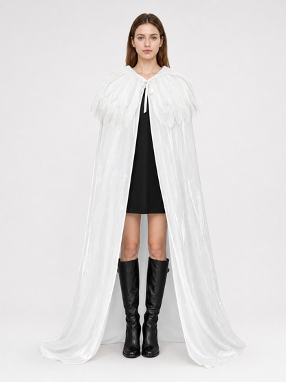 White Velvet Cape with Feather Trim, Maxi
