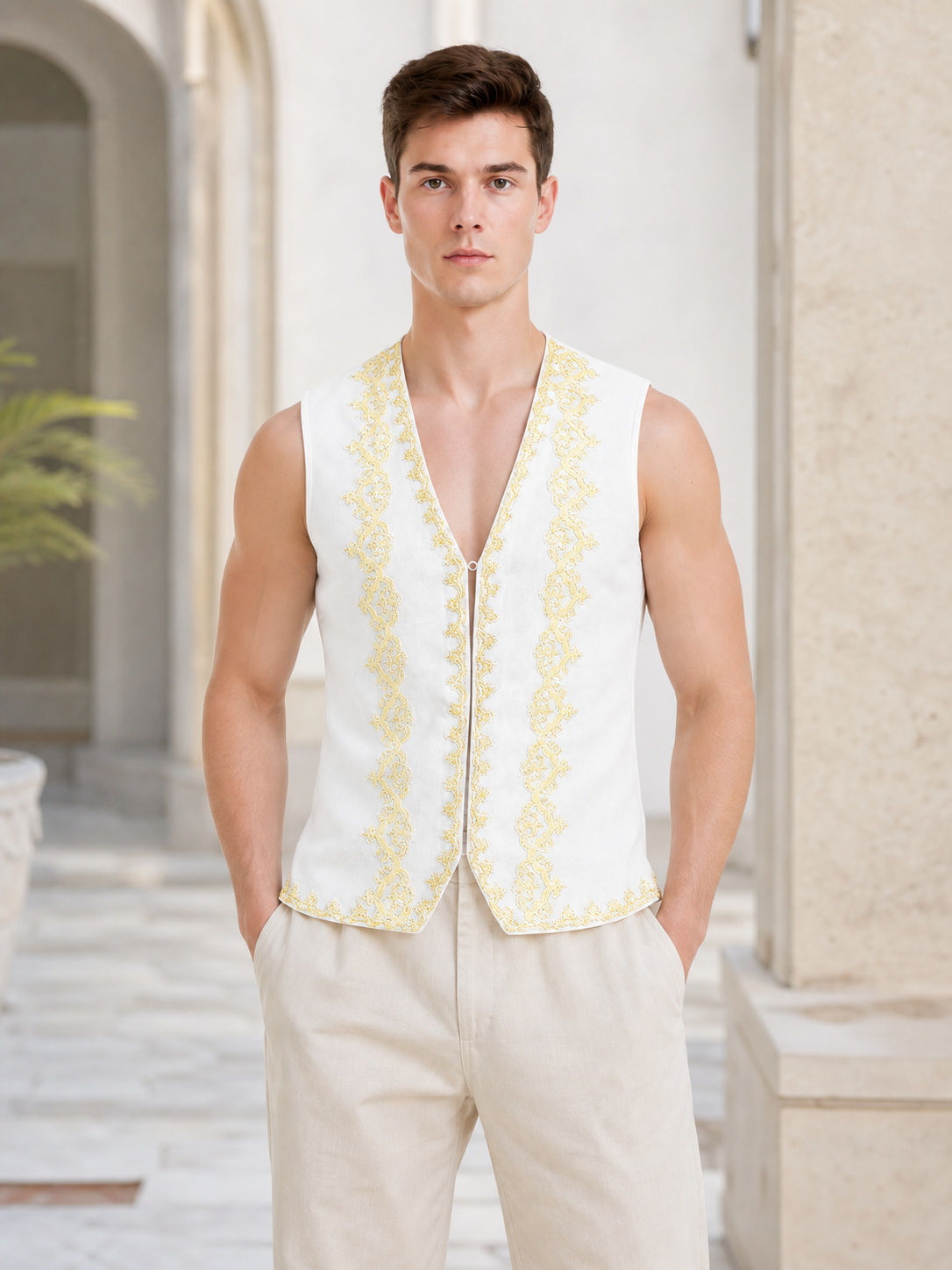 White Sleeveless Decorative Vest with Gold Trim