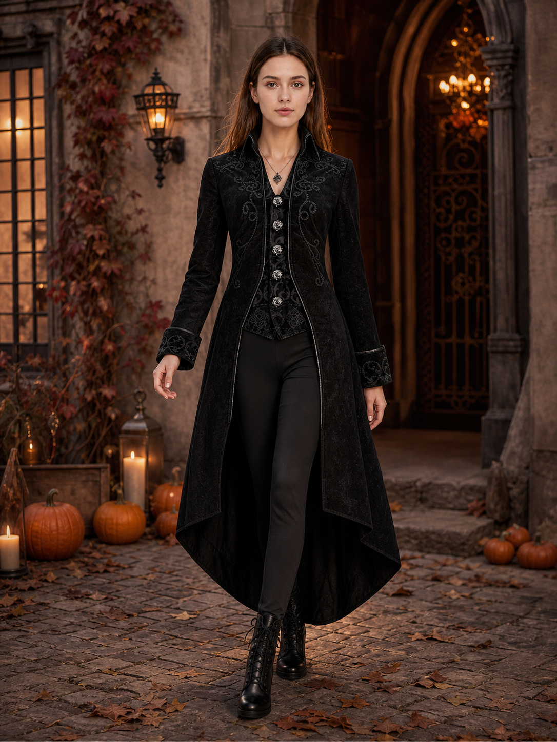 Black embroidered coat with a stand-up collar and pointed tails