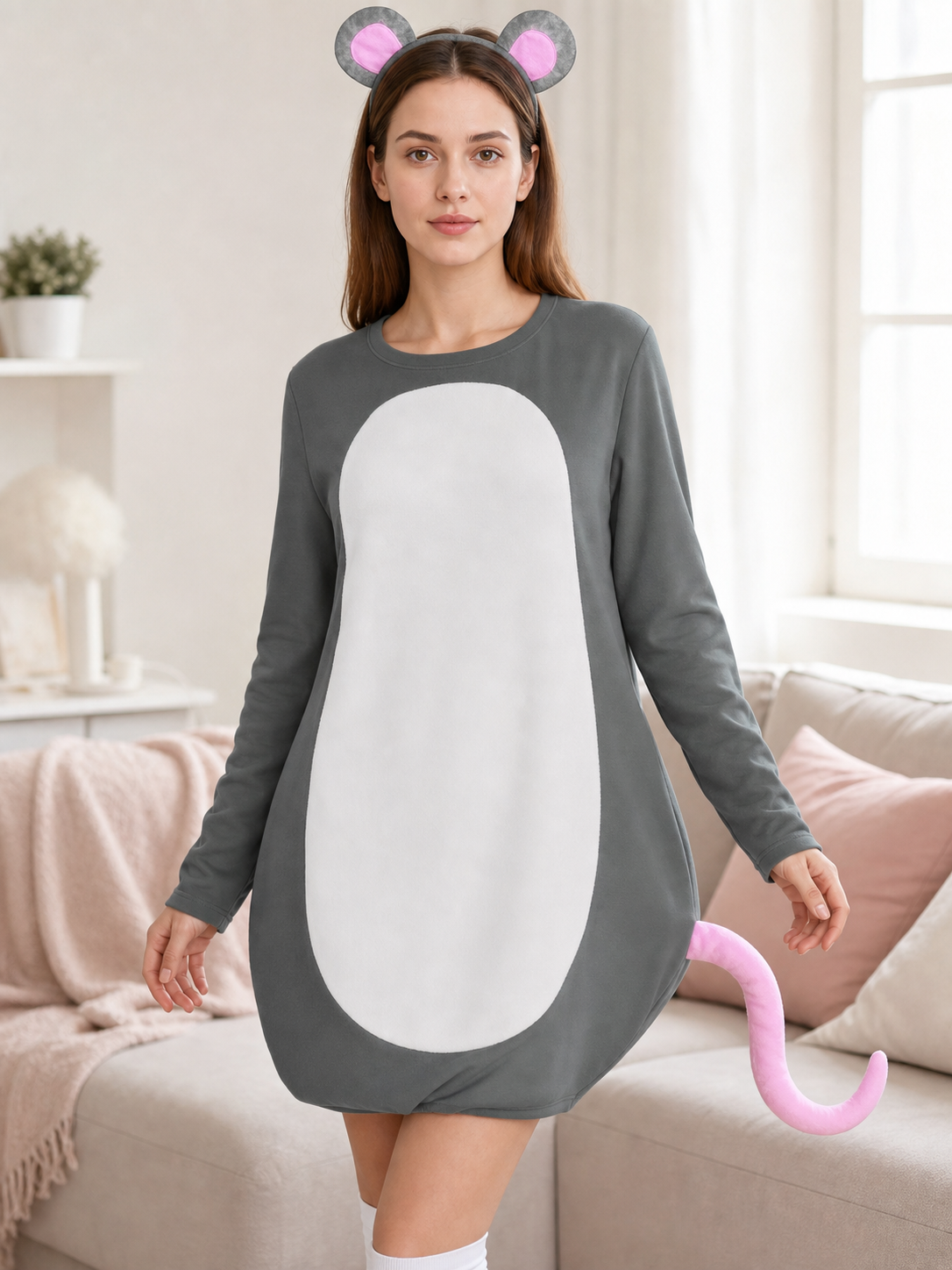 Adult Gray Mouse Costume Set with White Belly, Pink Tail and Mouse-Ear Headband for Costume Parties, Cosplay and Themed Events