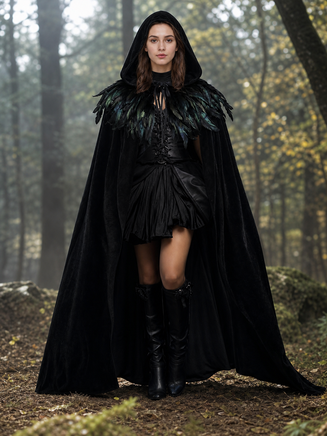 Black Velvet Hooded Cape with Feathers