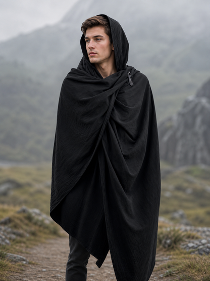Black hooded cloak with metal clasps