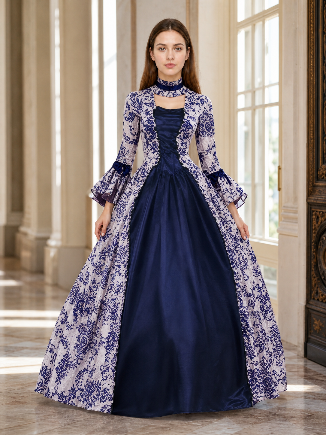 Ornamental Evening Dress, Long Sleeve, Flared
