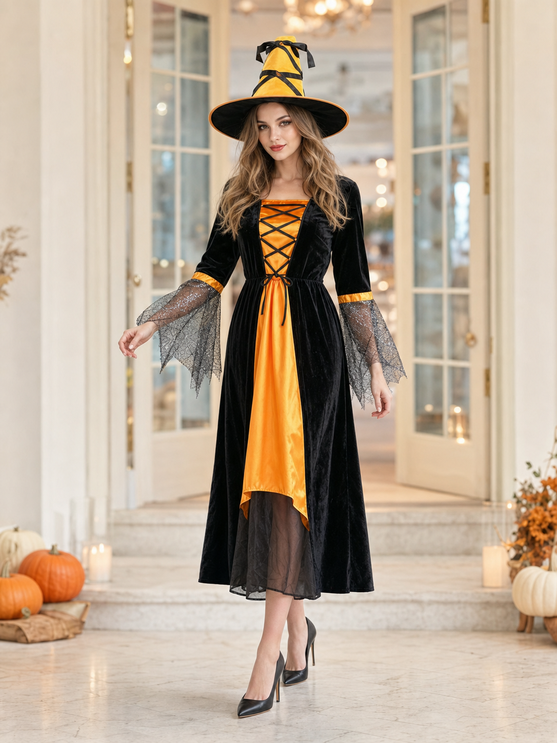 Halloween witch costume with dress and hat