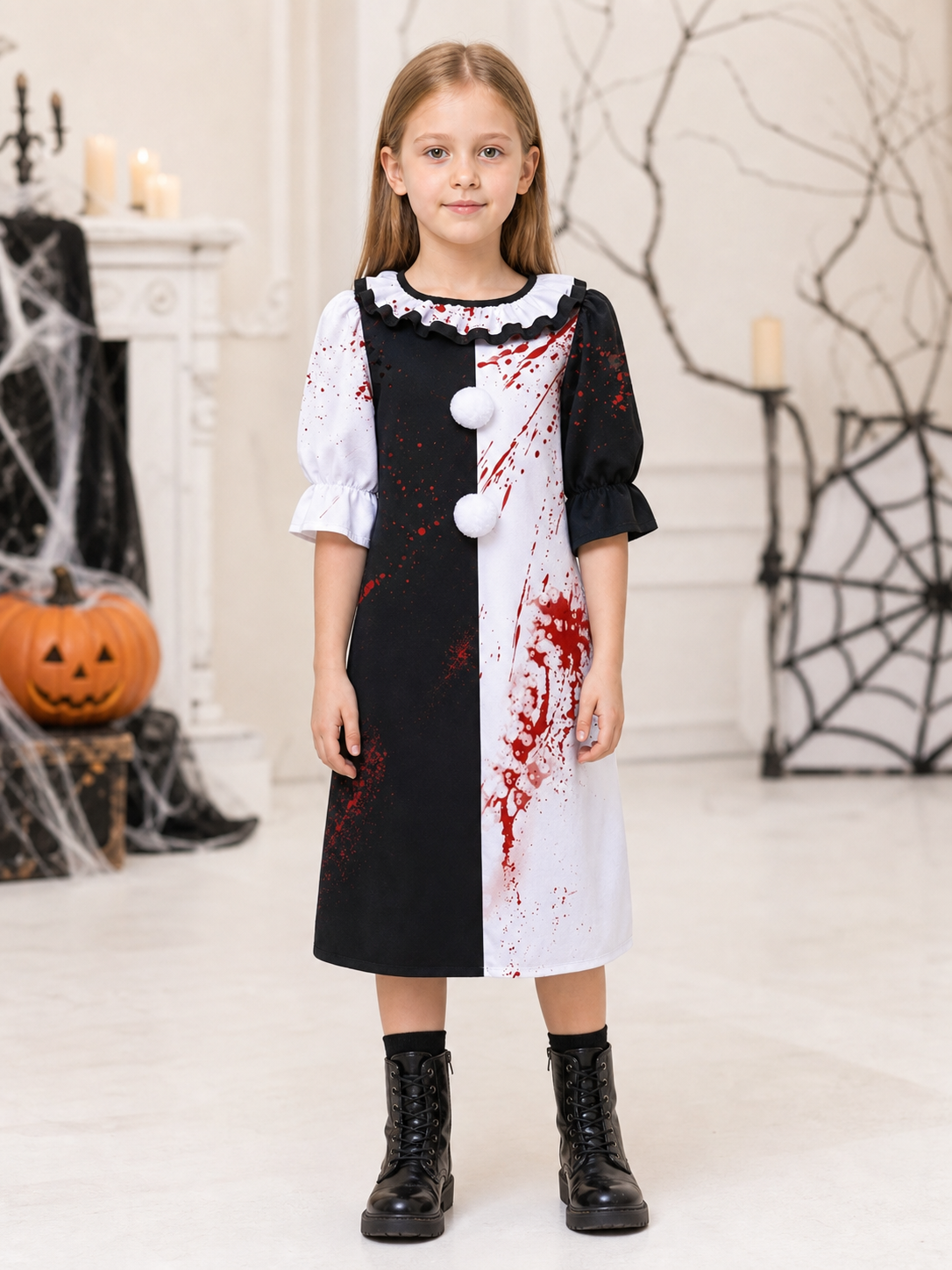 Clown Dress Costume with Ruffles and Red Splatter