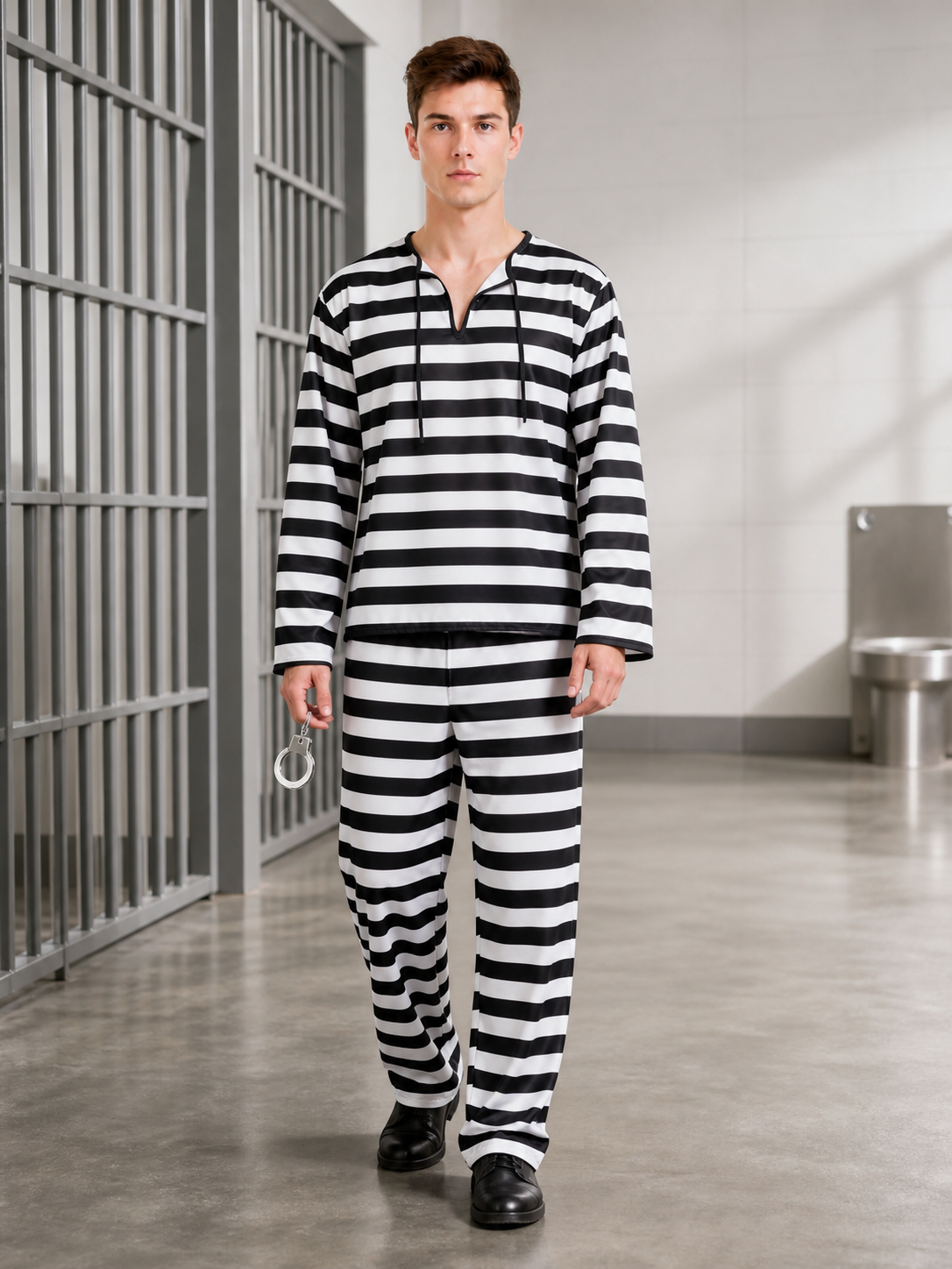 Striped Prisoner Costume with Cap and Handcuffs