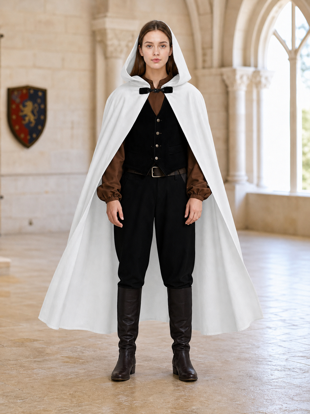 White medieval costume cloak with hood