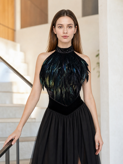 Black halter top with a feather-like texture and no embellishment