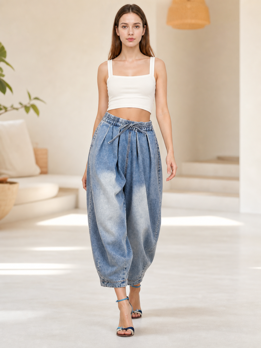 Wide-Leg Denim Pants with Elastic Waistband and Drawstring