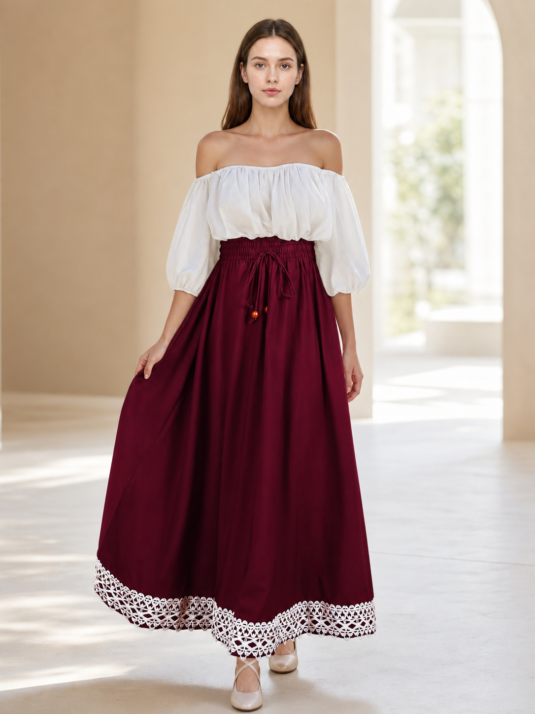 Long burgundy A-line skirt with drawstring
