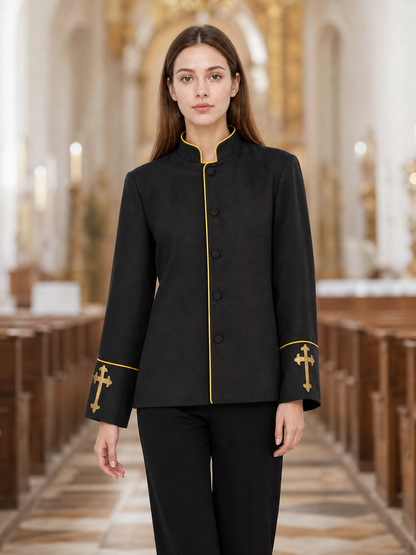 Black stand-collar jacket with gold trim