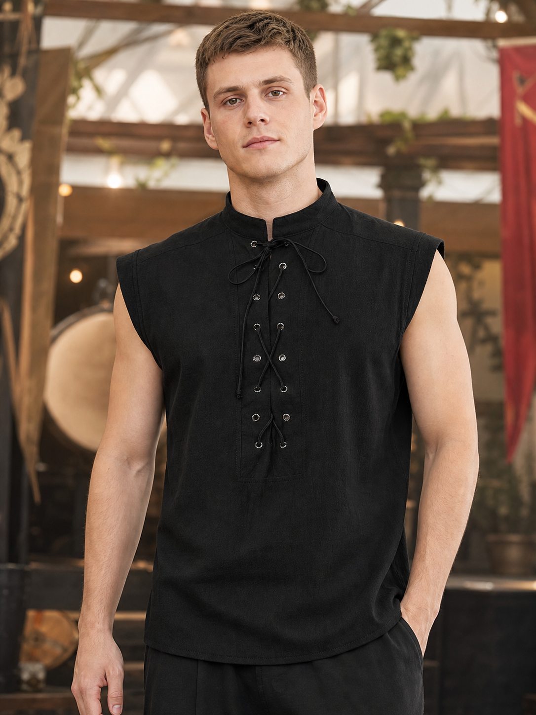 Gothic Lace-Up Vest with Stand Collar