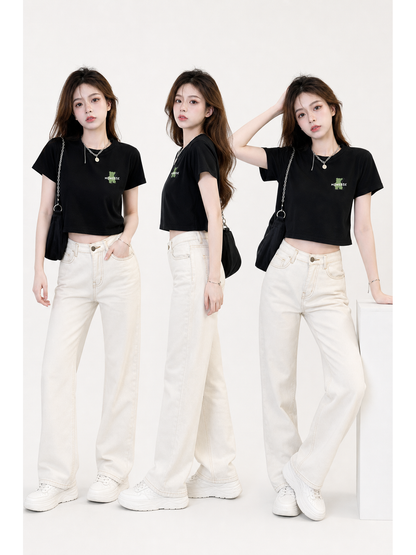 Women's Black Cropped T-Shirt with Bear Print