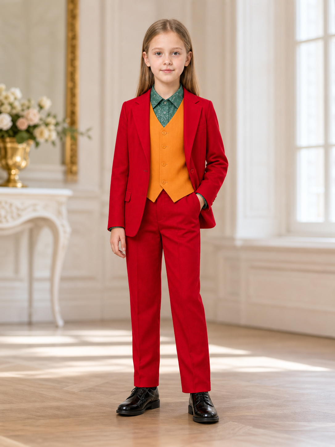Bright Halloween cosplay costume with a red blazer