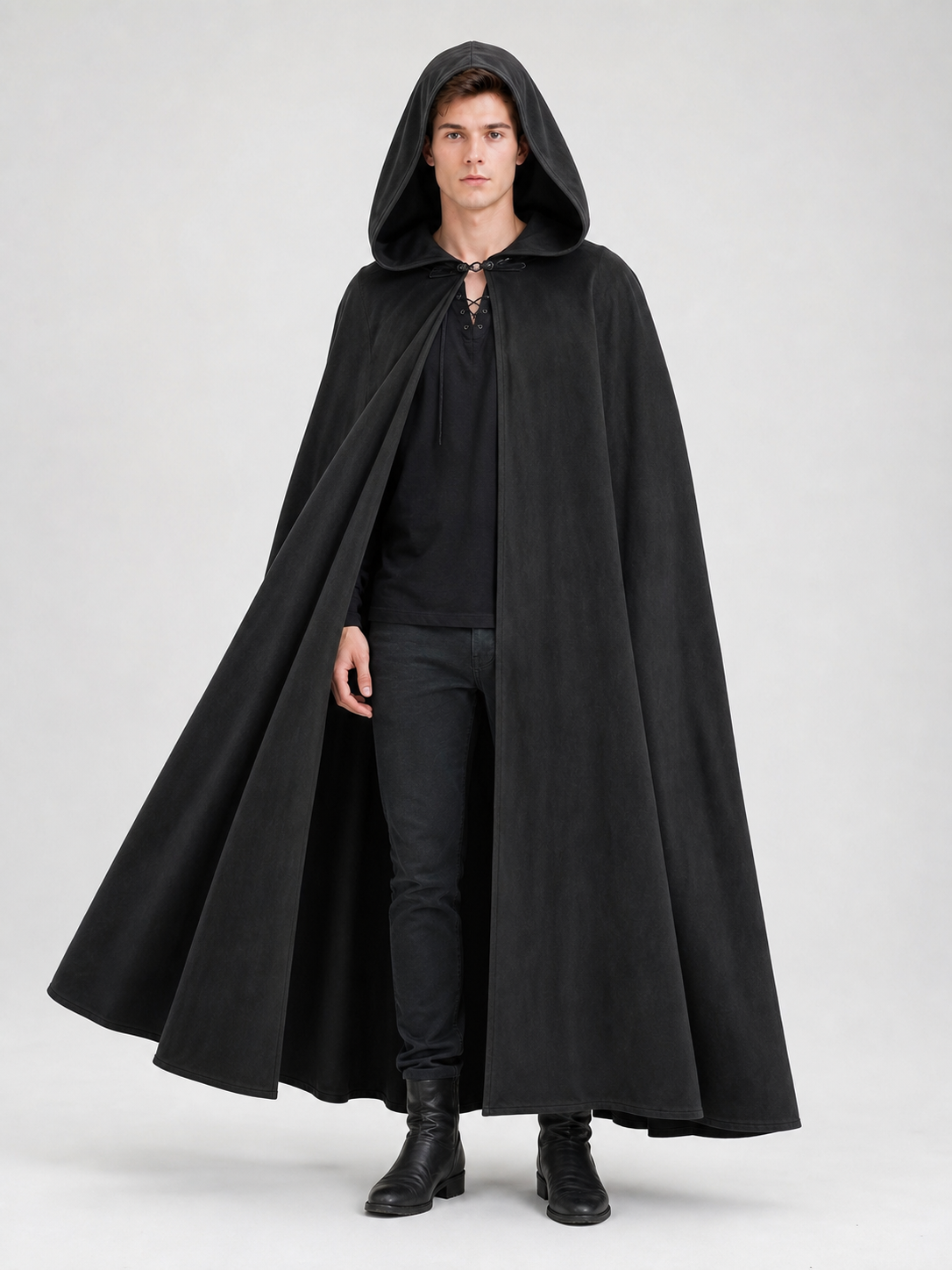 Long black hooded costume cloak