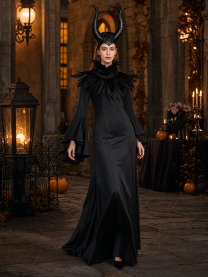 Black Gothic Witch Costume Dress With Horned Headpiece, Feather-Like Trim And Decorative Staff For Halloween Cosplay Parties