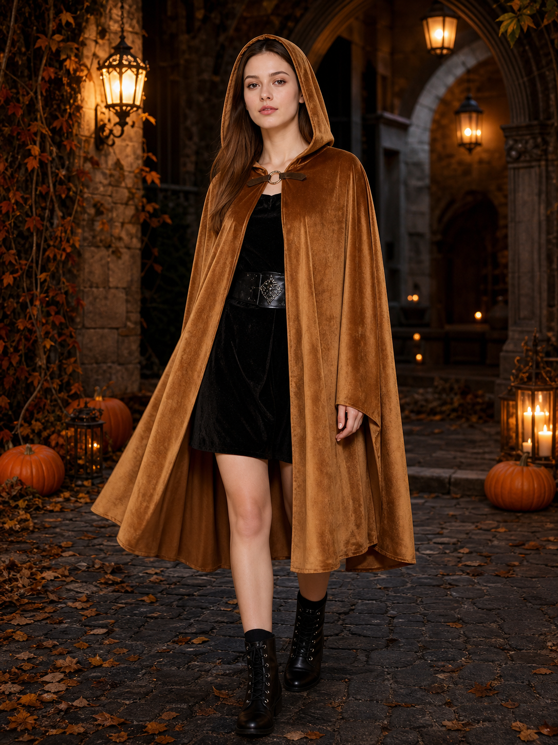 Halloween Medieval Warrior Hooded Cloak, Dark Brown Open Front Cape With Ring Clasp And Bow Strap For Cosplay Performance