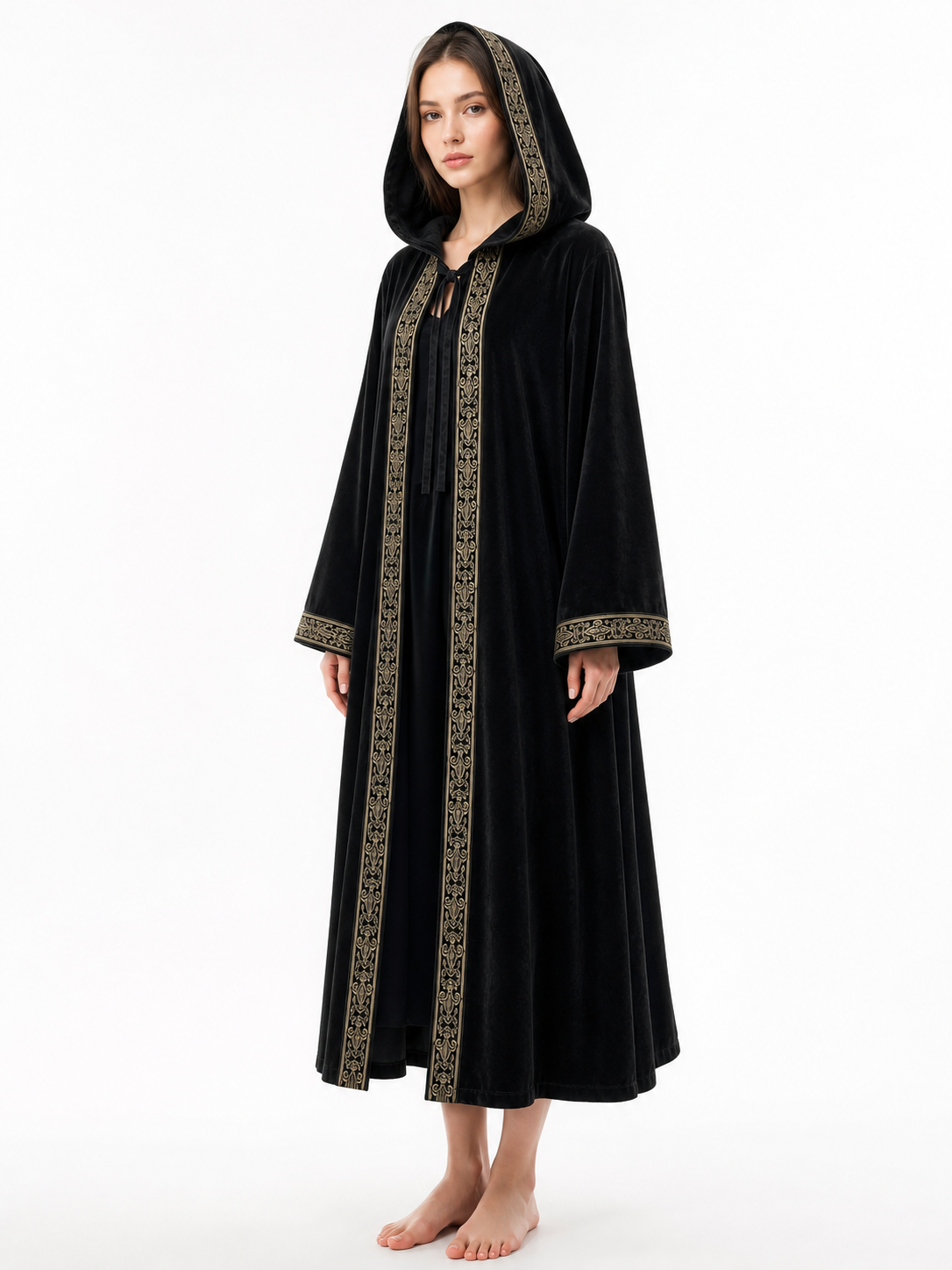 Black carnival cloak with hood and trim