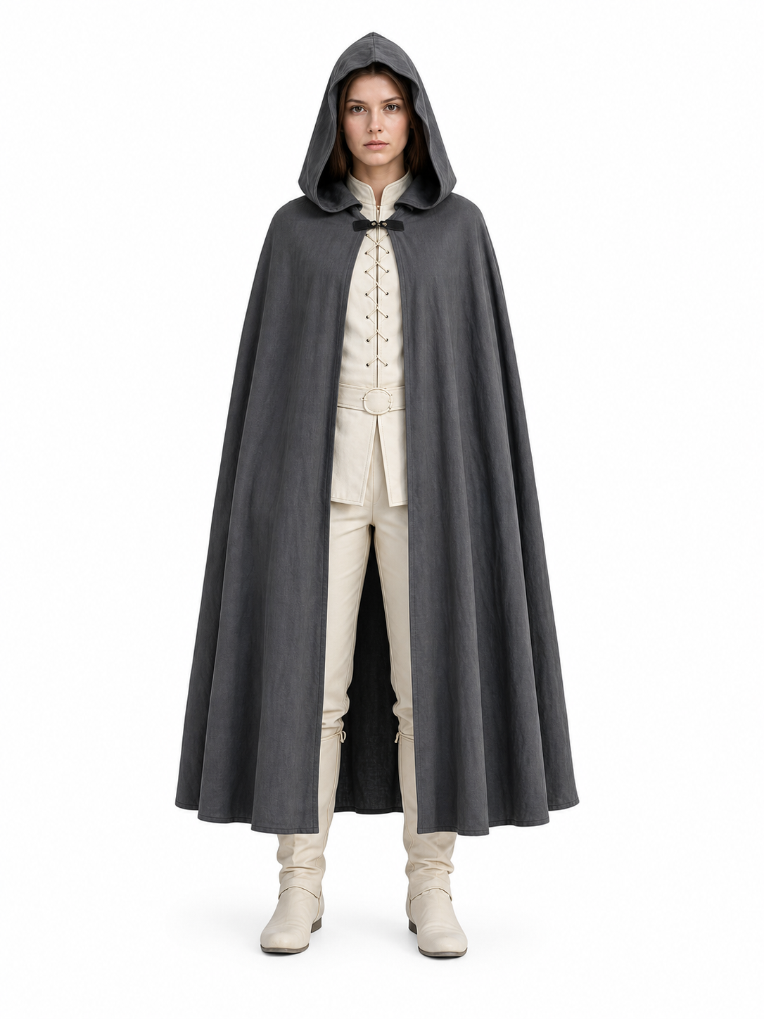 Adult Fantasy Hooded Cape, Long Dark Gray Cloak With Front Tie Closure, Wide