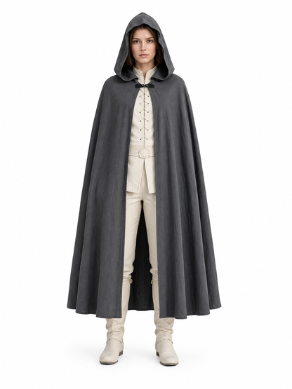 Adult Fantasy Hooded Cape, Long Dark Gray Cloak With Front Tie Closure, Wide