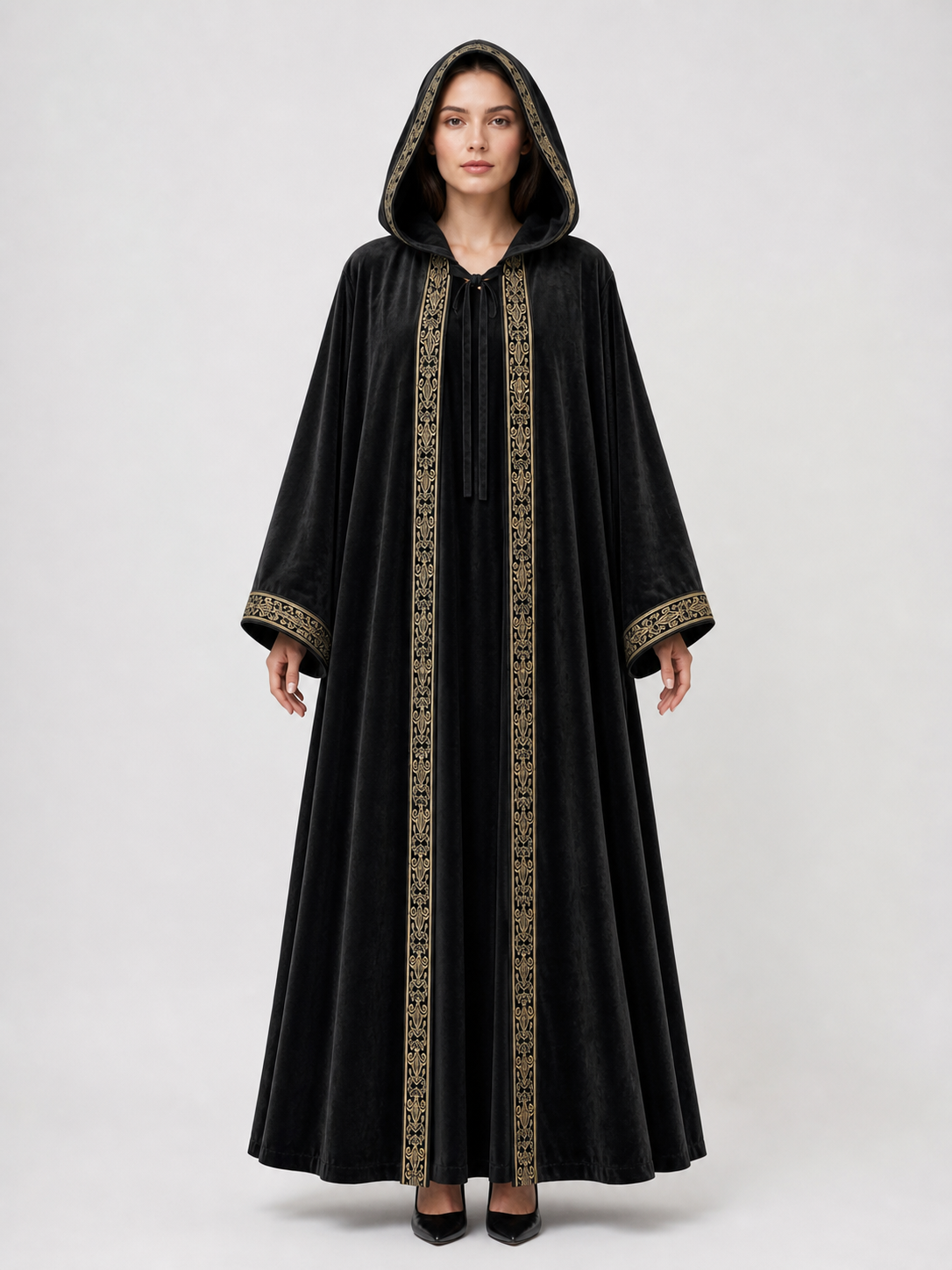 Black carnival cloak with hood and trim