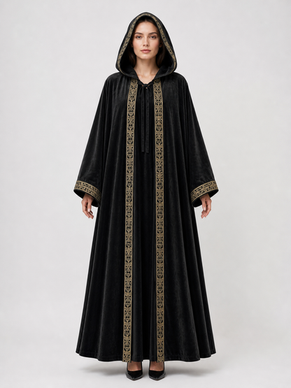 Black carnival cloak with hood and trim