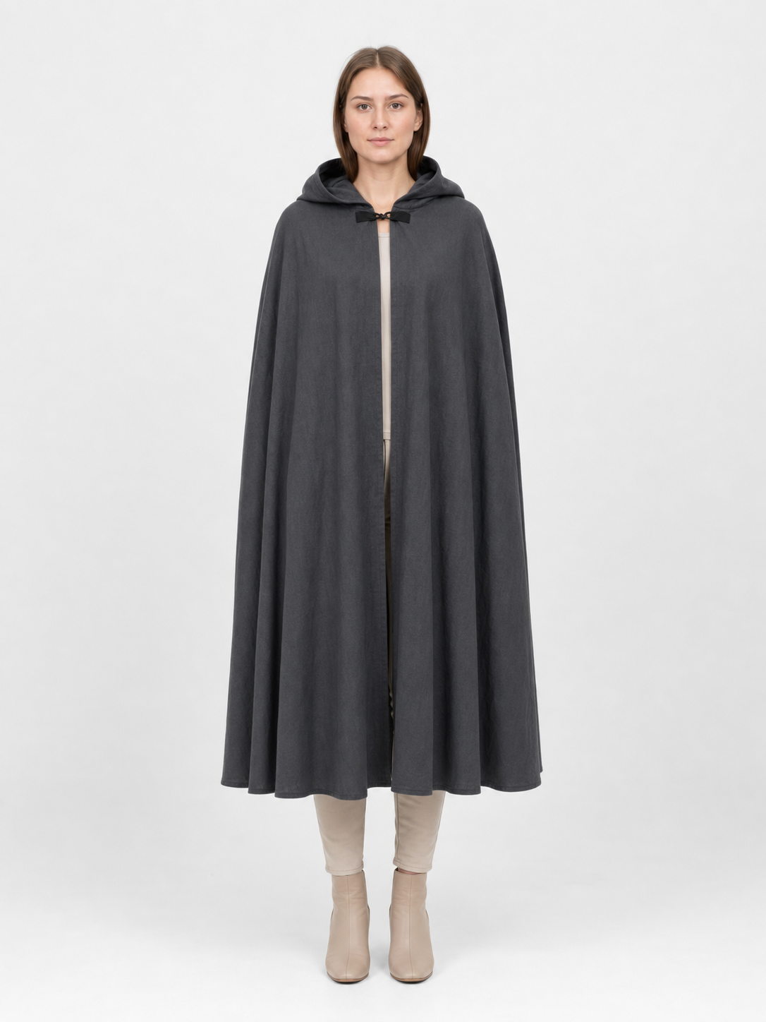 Adult Fantasy Hooded Cape, Long Dark Gray Cloak With Front Tie Closure, Wide