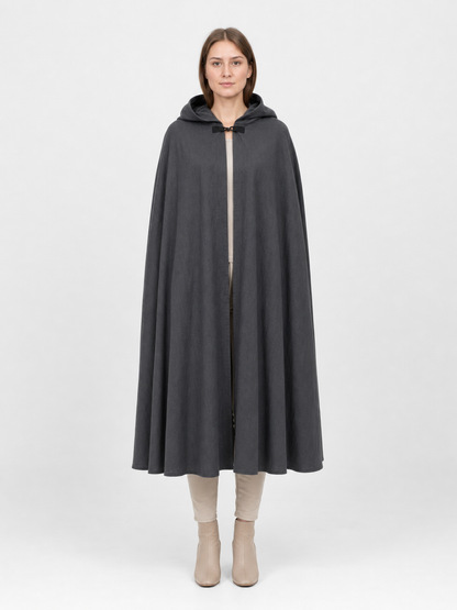 Adult Fantasy Hooded Cape, Long Dark Gray Cloak With Front Tie Closure, Wide