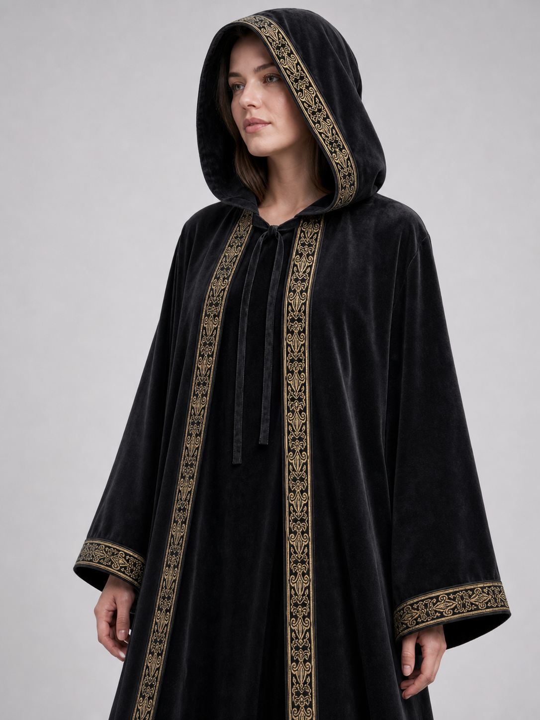 Black carnival cloak with hood and trim