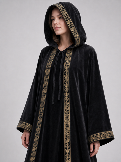 Black carnival cloak with hood and trim