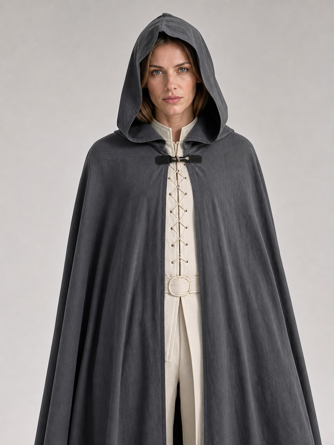 Adult Fantasy Hooded Cape, Long Dark Gray Cloak With Front Tie Closure, Wide