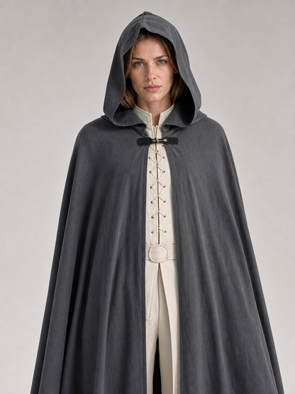 Adult Fantasy Hooded Cape, Long Dark Gray Cloak With Front Tie Closure, Wide