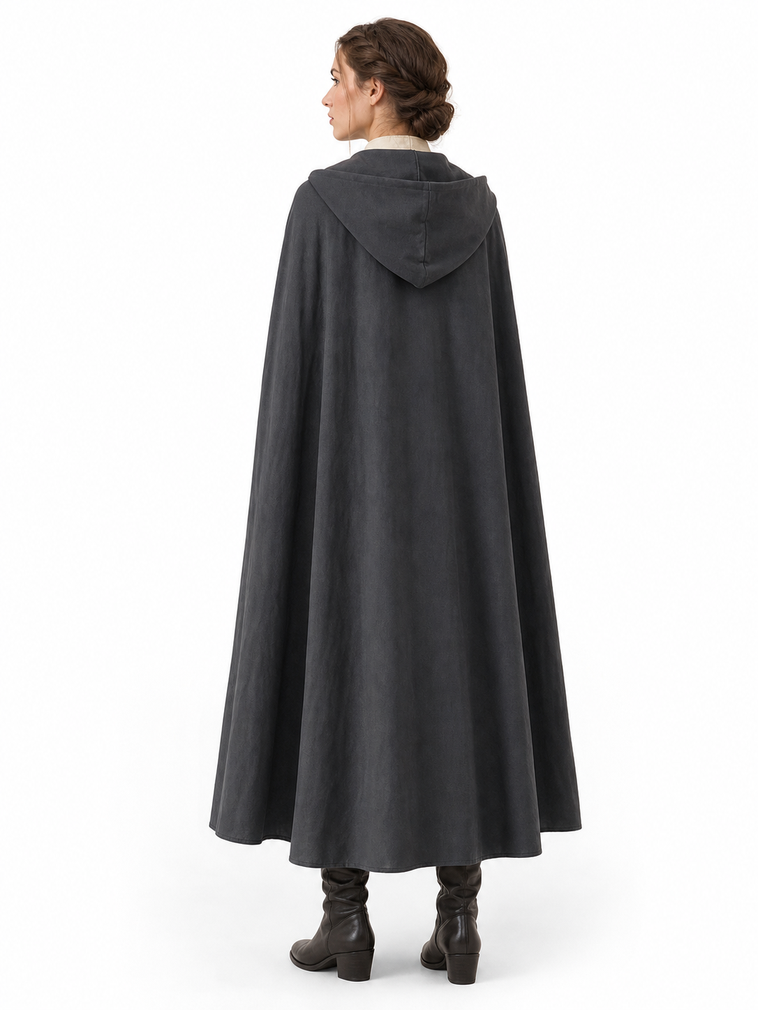 Adult Fantasy Hooded Cape, Long Dark Gray Cloak With Front Tie Closure, Wide