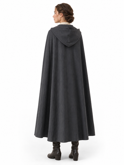 Adult Fantasy Hooded Cape, Long Dark Gray Cloak With Front Tie Closure, Wide