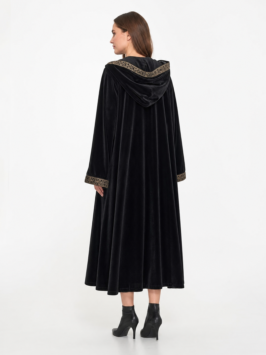 Black carnival cloak with hood and trim