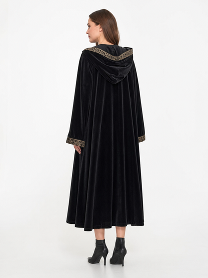 Black carnival cloak with hood and trim