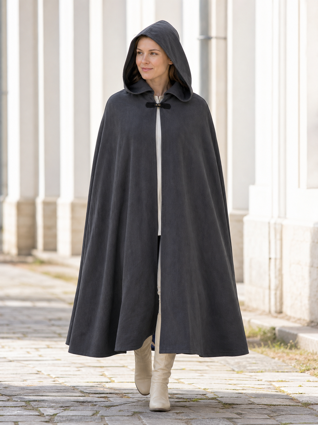 Adult Fantasy Hooded Cape, Long Dark Gray Cloak With Front Tie Closure, Wide