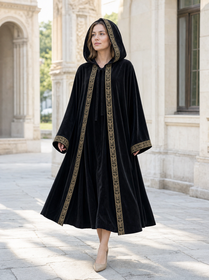 Black carnival cloak with hood and trim