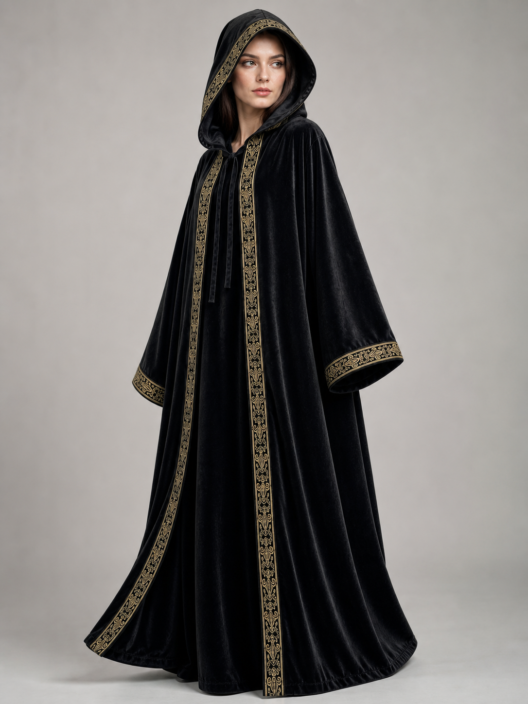 Black carnival cloak with hood and trim