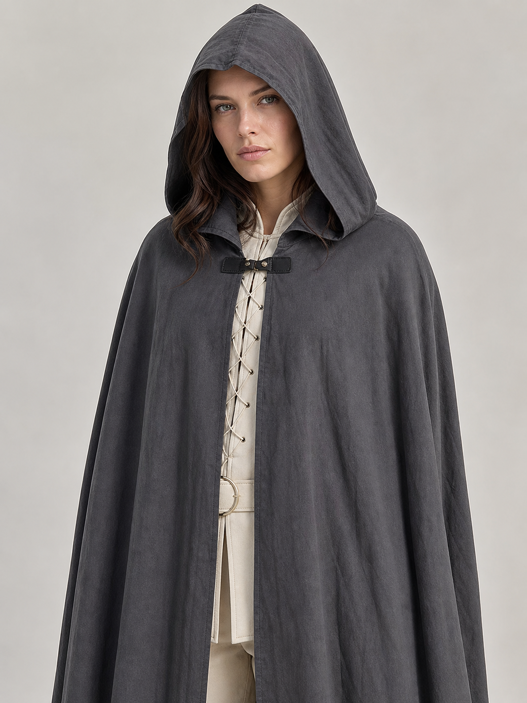 Adult Fantasy Hooded Cape, Long Dark Gray Cloak With Front Tie Closure, Wide