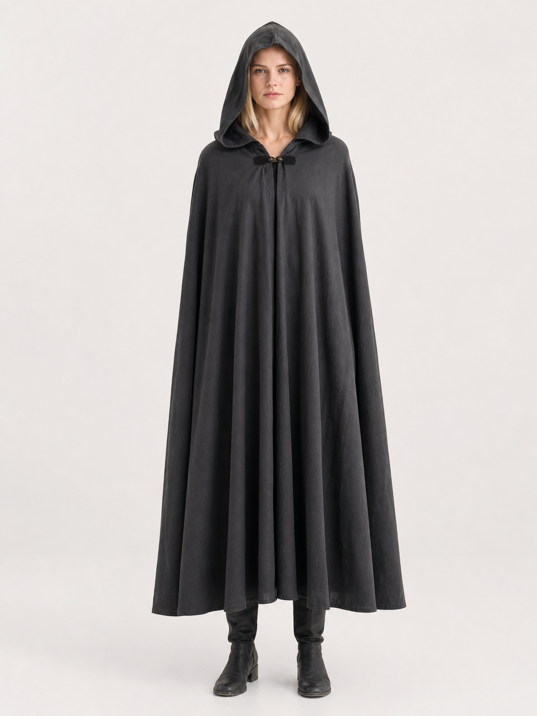 Adult Fantasy Hooded Cape, Long Dark Gray Cloak With Front Tie Closure, Wide